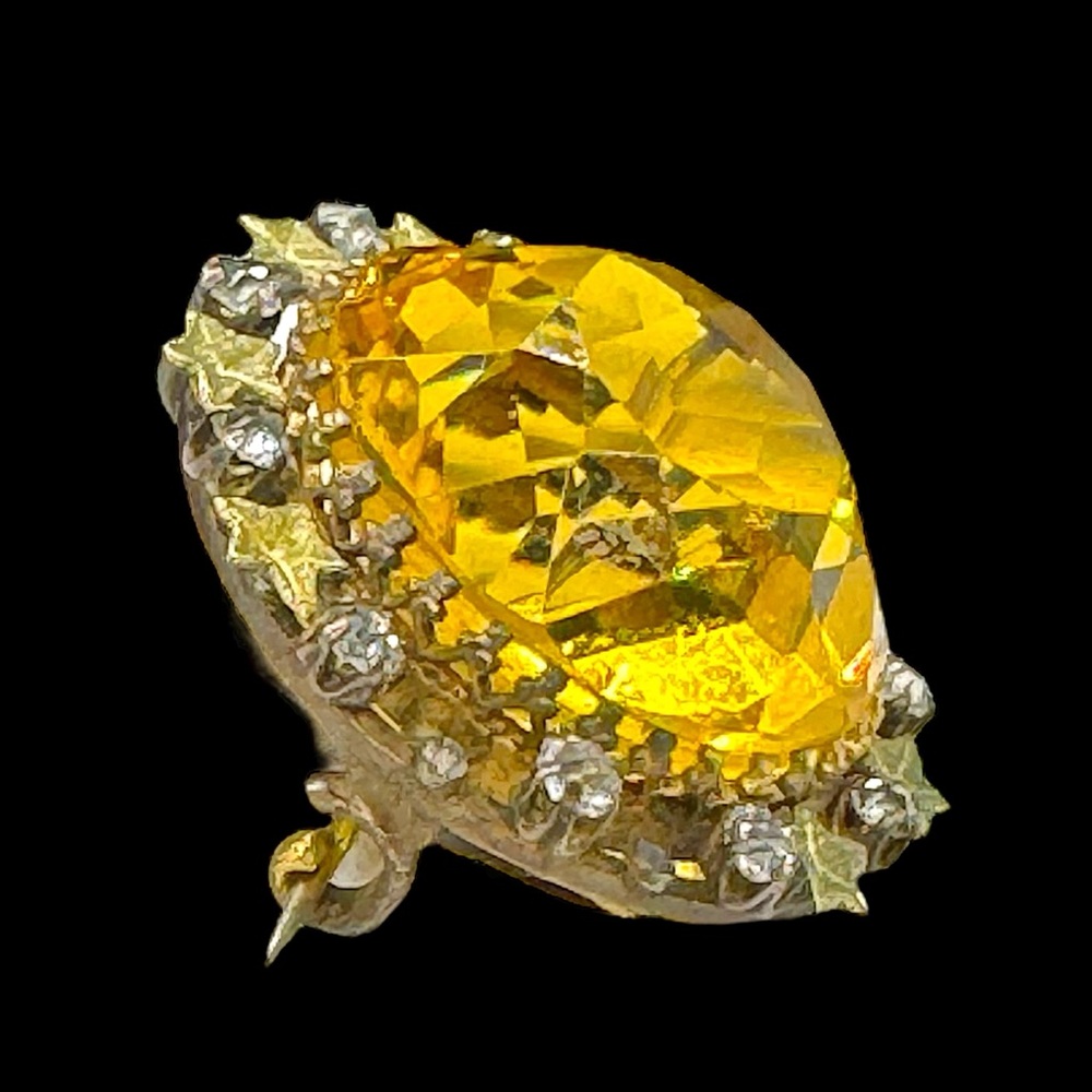 Antique Uranium Citrine Glass & Paste Rhinestone Brooch - Picture 5 of 14